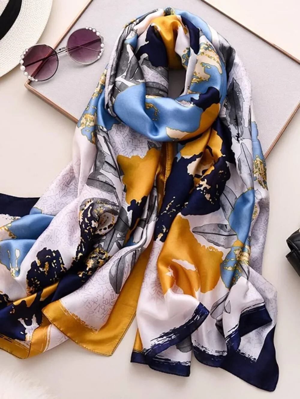 Women's Orange Lightweight Silk Like Scarves Flower Print Head Cotton Wrap Scarf